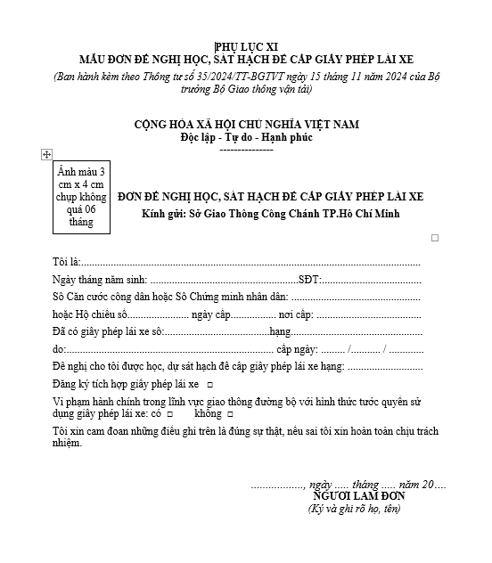 Mẫu đơn đề nghị học lái xe theo TT35
